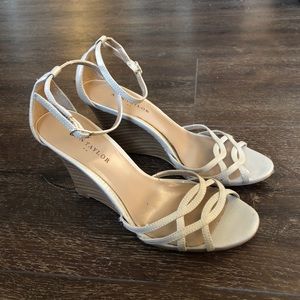 Ann Taylor Nude Wedges with Ankle Strap Gold Buckle |  Size 5